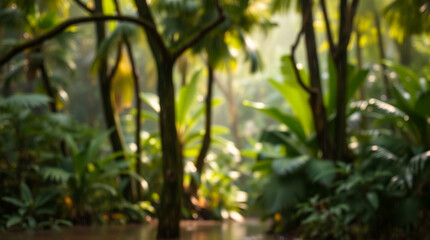 Fototapeta premium Abstract blur of a lush green forest with sun rays filtering through the trees, creating a peaceful, natural atmosphere.