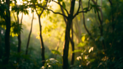 Fototapeta premium Abstract blur of a lush green forest with sun rays filtering through the trees, creating a peaceful, natural atmosphere.