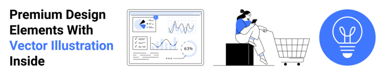 Analytics dashboard with graphs, woman shopping online near a cart, and lightbulb symbol. Ideal for e-commerce, analytics, innovation, marketing, technology, creativity and flat landing page banner