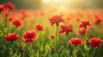 Obraz premium A field of red carnations swaying gently in the breeze, bathed in warm sunlight