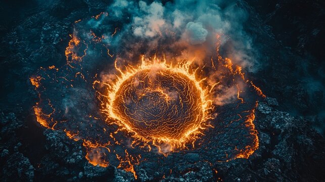 Volcanic Crater Fiery Ring, Dark Landscape