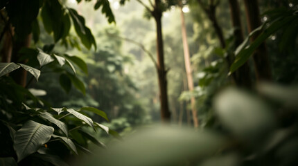 Fototapeta premium Abstract blur of a lush green forest with sun rays filtering through the trees, creating a peaceful, natural atmosphere.