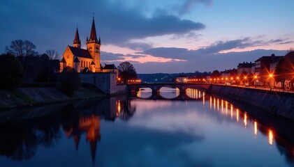 Obraz premium Dusk lights castle, church reflect in canal waters, light, Amsterdam