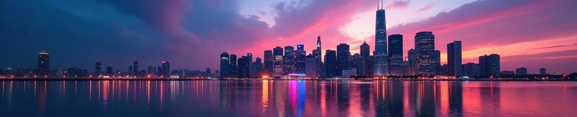 Obraz premium Dusk settles, skyscrapers glow, city lights reflect on water , dark, twilight