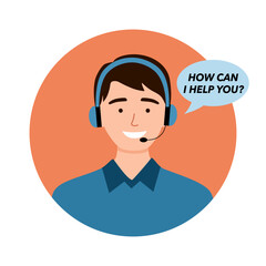 Call center operator with headset icon. Client services and communication, customer support, phone assistance.