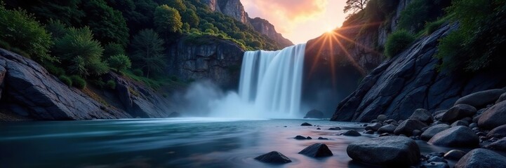Dusk waterfall, dramatic cascade, moody rocks, untamed, twilight