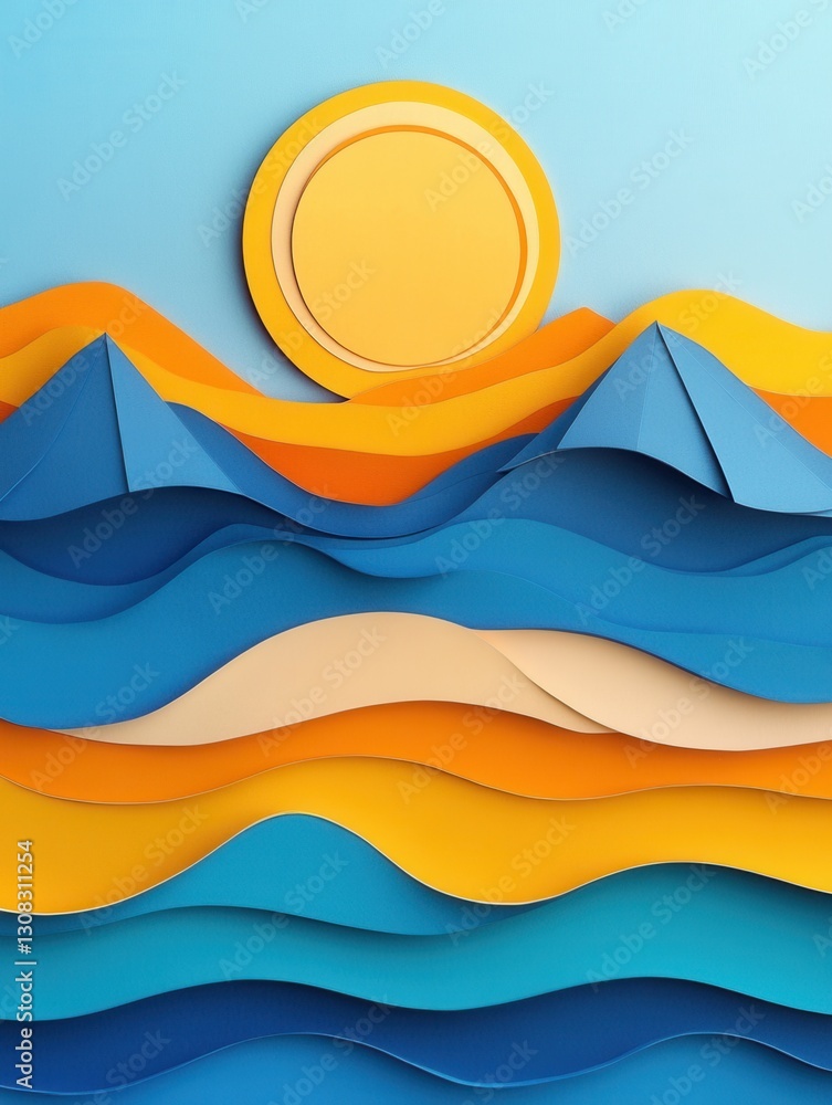 Poster vibrant paper art landscapes featuring rolling waves, mountains, and a sun in dynamic gradient color