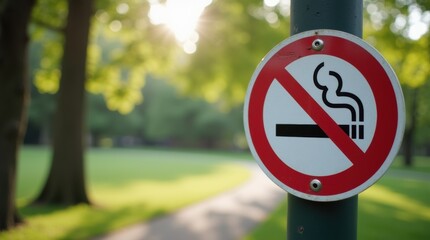 A "No Smoking" sign attached to a pole in an outdoor park, surrounded by greenery and trees