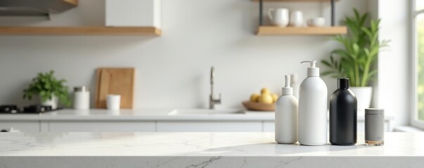 Elegant white marble countertop displays products, kitchen window backdrop, flatlay, light, cooking