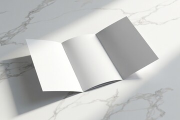 Elegant trifold brochure mockup on white marble Soft shadows, natural light, Scandinavian style , white, scandinavian, card