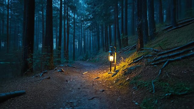 A dark forest path with a lantern lit up. The lantern is the only source of light in the dark woods