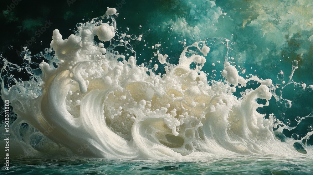 Poster a close-up view of a wave crashing onto the shore, showcasing the intricate details of frothy bubble