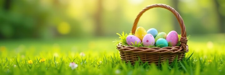 Full basket of decorated Easter eggs sits in a lush grassy field , decoration, rebirth, idyllic