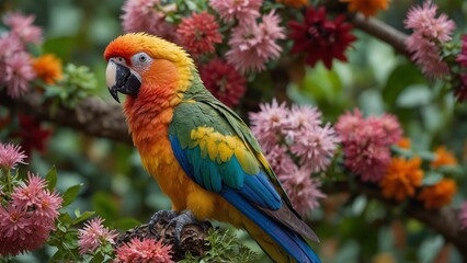 Obraz premium A fluffy parrot with a colorful plumage, sitting on a vine covered in flowers.