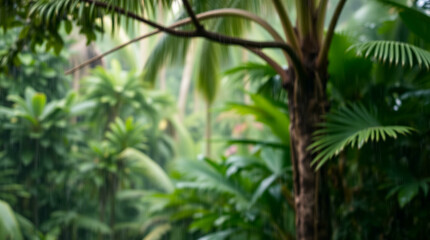 Abstract blur of a lush green forest with sun rays filtering through the trees, creating a peaceful, natural atmosphere.