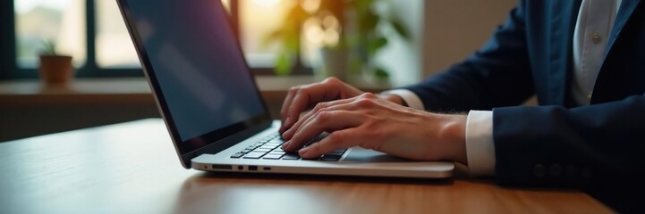 Elegant hands diligently working on a modern laptop, innovation, efficiency