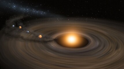 Planets orbiting a star in a swirling nebula, possible use in astronomy educational material