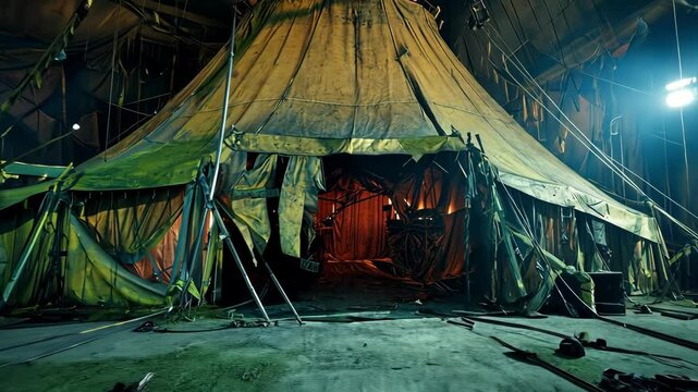 A tent is shown in a dark room with a blue light shining on it. The tent is old and torn, giving the impression of a rundown circus tent