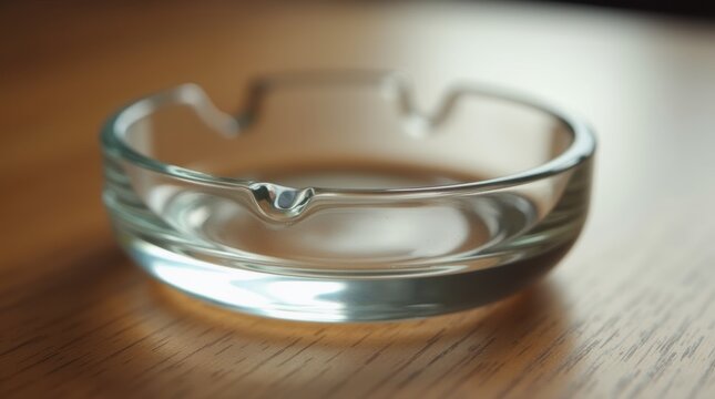 Close-up of an empty glass ashtray on a wooden table