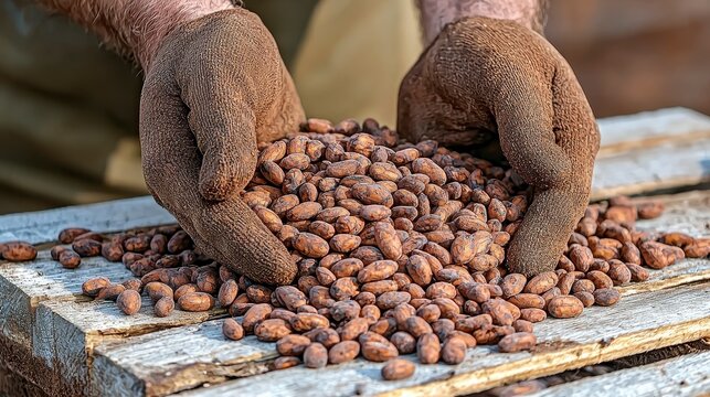 Captivating Image of Cocoa Beans Explore the Richness and Aroma of Chocolate's Origins Witness the Careful Handling of Raw Cocoa, Essential to Quality Production Discover the Beauty of Natural