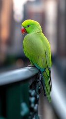 Obraz premium A green parrot sitting on top of a metal railing