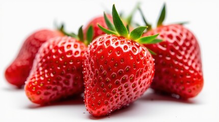 Close-up of ripe red strawberries with water droplets, vibrant and fresh, isolated on white, natural style.