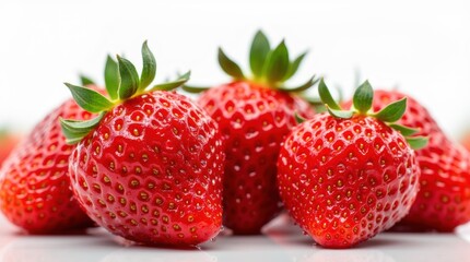 Close-up of ripe red strawberries with water droplets, vibrant and fresh, isolated on white, natural style.