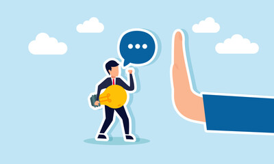 Businessman holds a lit lamp while talking to a hand as if stopping something, illustration of a protest against business decisions and offering business idea suggestions