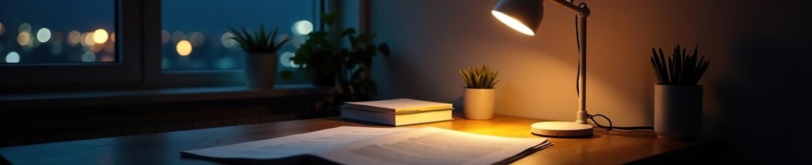 Desk lamp illuminates paperwork, late night work session, corporate, overtime