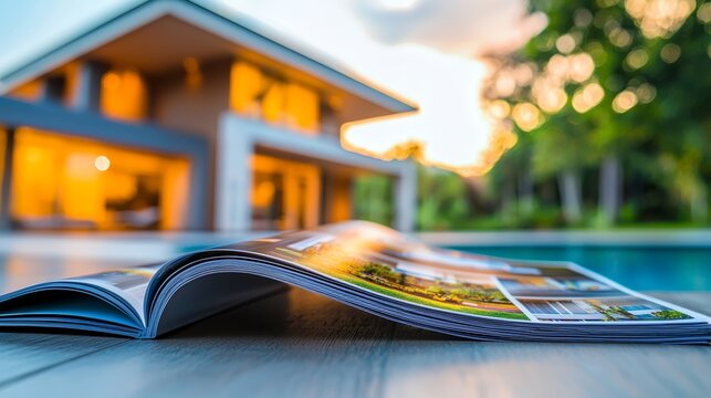A glossy magazine lies open near a tranquil pool, showcasing modern architecture with a beautifully lit house in the background, surrounded by lush greenery.
