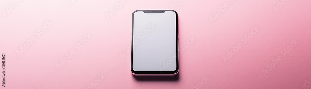Poster a top-down view of a sleek smartphone with a blank, illuminated screen, resting on a soft pink backg