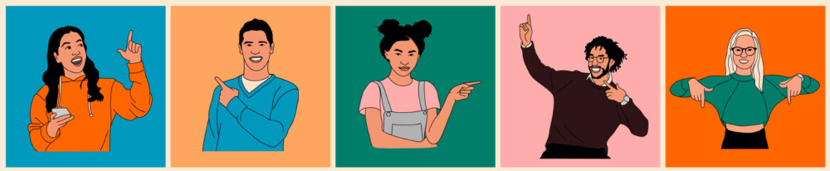 Different People pointing to the side, up and down with fingers. Happy excited men, women showing , presenting goods or services. Cartoon style outline vector drawing isolated on colorful background. © Creative_Juice_Art