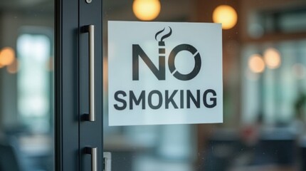 Modern "No Smoking" sign on a glass office door, sleek black and white design with a minimalist style