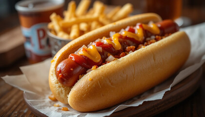 Fully Loaded Hot Dog with Ketchup, Mustard, and Crispy Onions
