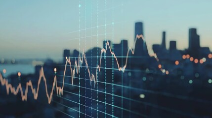 A skyline with financial graphs overlays, representing data analysis and market trends in an urban setting.