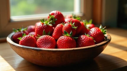Ripe red strawberries piled in a rustic wooden bowl, soft sunlight, warm tones, cozy and natural atmosphere.