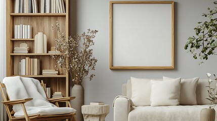 A blank wooden picture frame hangs on the wall of an elegant living room, in a mockup style. The background is light gray and features contemporary furniture with soft lighting.