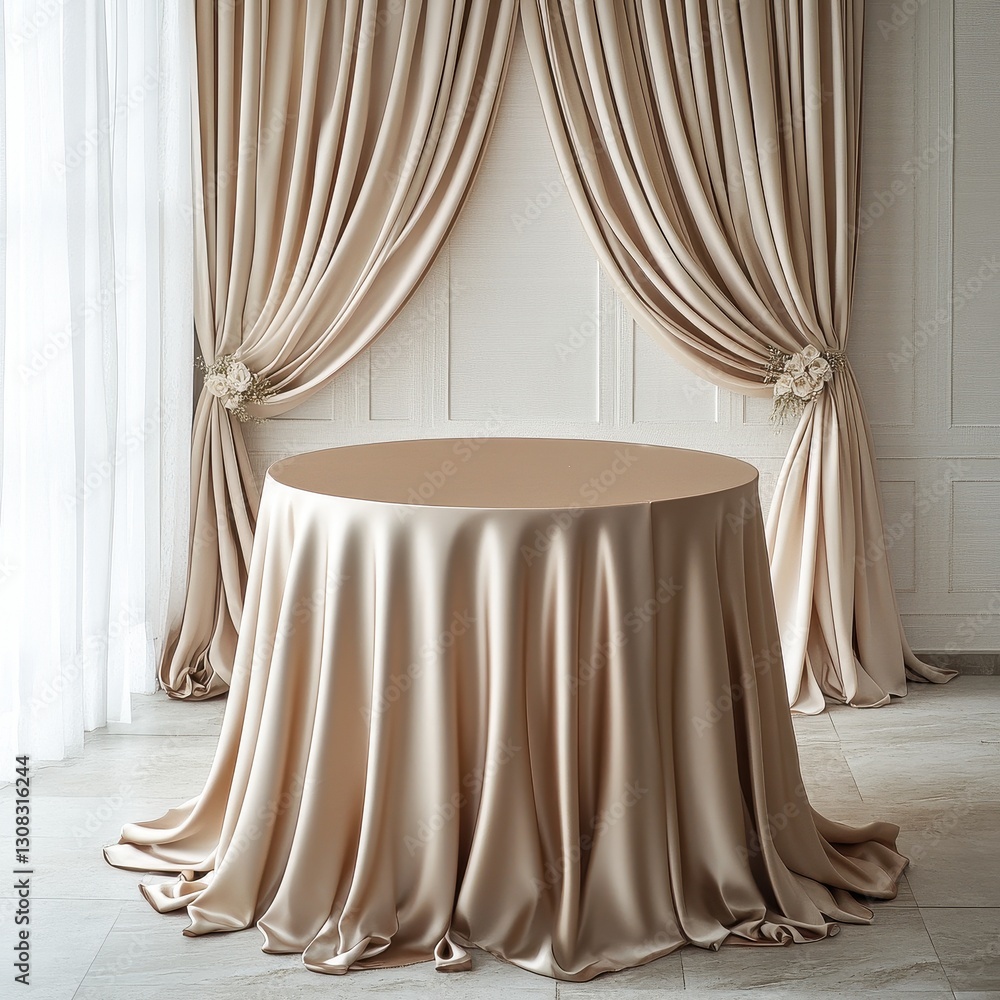 Poster a rustic wooden table adorned with a round, patterned cloth sits elegantly in front of a flowing cur