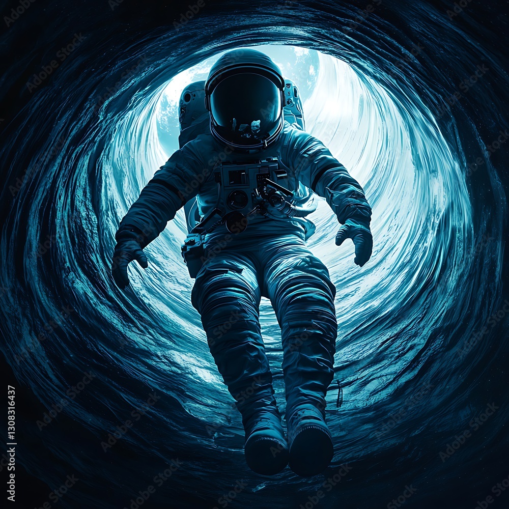 Wall mural an astronaut descends into a mysterious, illuminated abyss, surrounded by swirling dark textures and