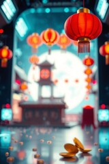 Red Chinese Lanterns with 'Happy New Year' Hieroglyphs – Traditional Asian Decor for Chinese New Year Celebration, light effect Clouds, Realistic 3D Illustration.