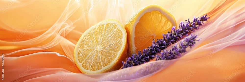 Poster vibrant sensory experience with aromatic coffee steam, citrus slices, and soft silk fabric layers in