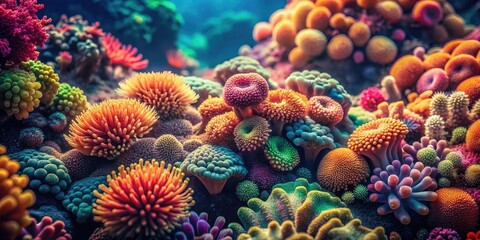Obraz premium Vibrant Coral Reef Closeup: Underwater Ocean Macro Photography, Vintage Style