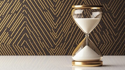 An elegant hourglass on a clean desk, with sand slowly trickling down, symbolizing the essence of time management in remote work.