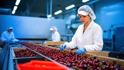 Cherry sorting action factory agricultural process industrial environment close-up view quality control in food production
