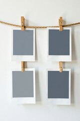 Four empty instant photo frames hang on a rustic rope against a white backdrop , collage, empty