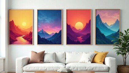 Four customized posters on a wall, clean background , layout, home decor, aesthetic