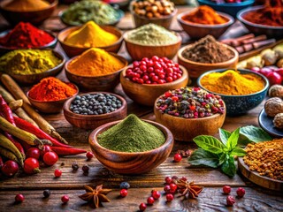 Fototapeta premium Vibrant Spice Landscape: Colorful Spices Photography on Rustic Wooden Table