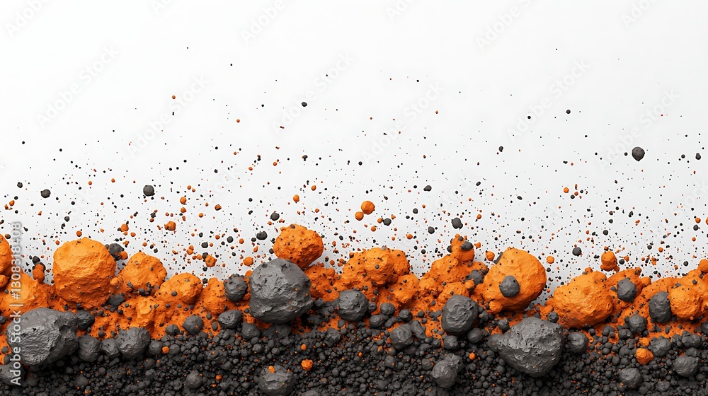 Poster a striking visual of orange and black particles creating a dynamic contrast against a white backgrou