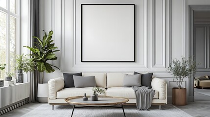 A large blank wall art frame mockup hanging on the wall of an elegant living room. A cream sofa with a grey throw and black-framed artwork above it. A coffee table in front of them. 