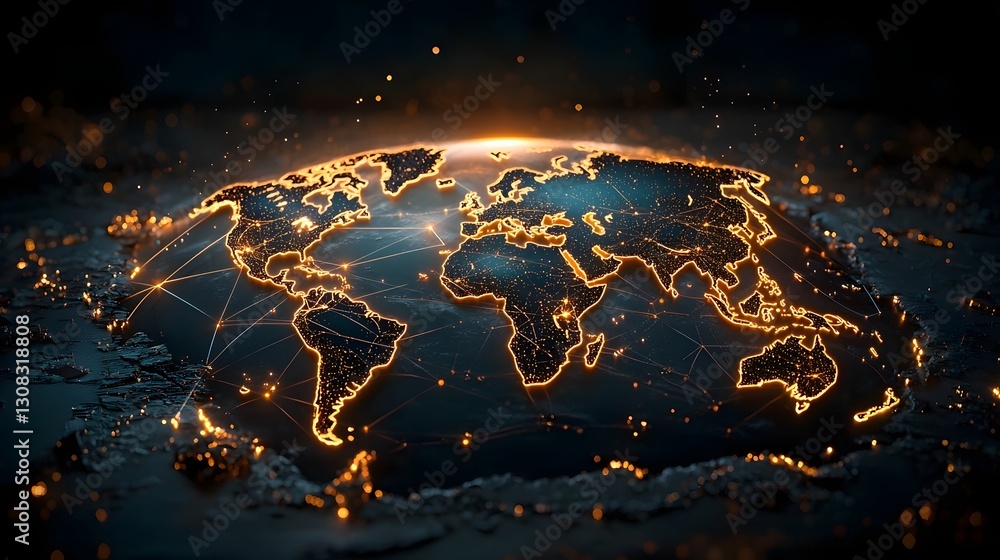 Poster a radiant world map encircled by dynamic data waves multi dimensional light connections extend outwa